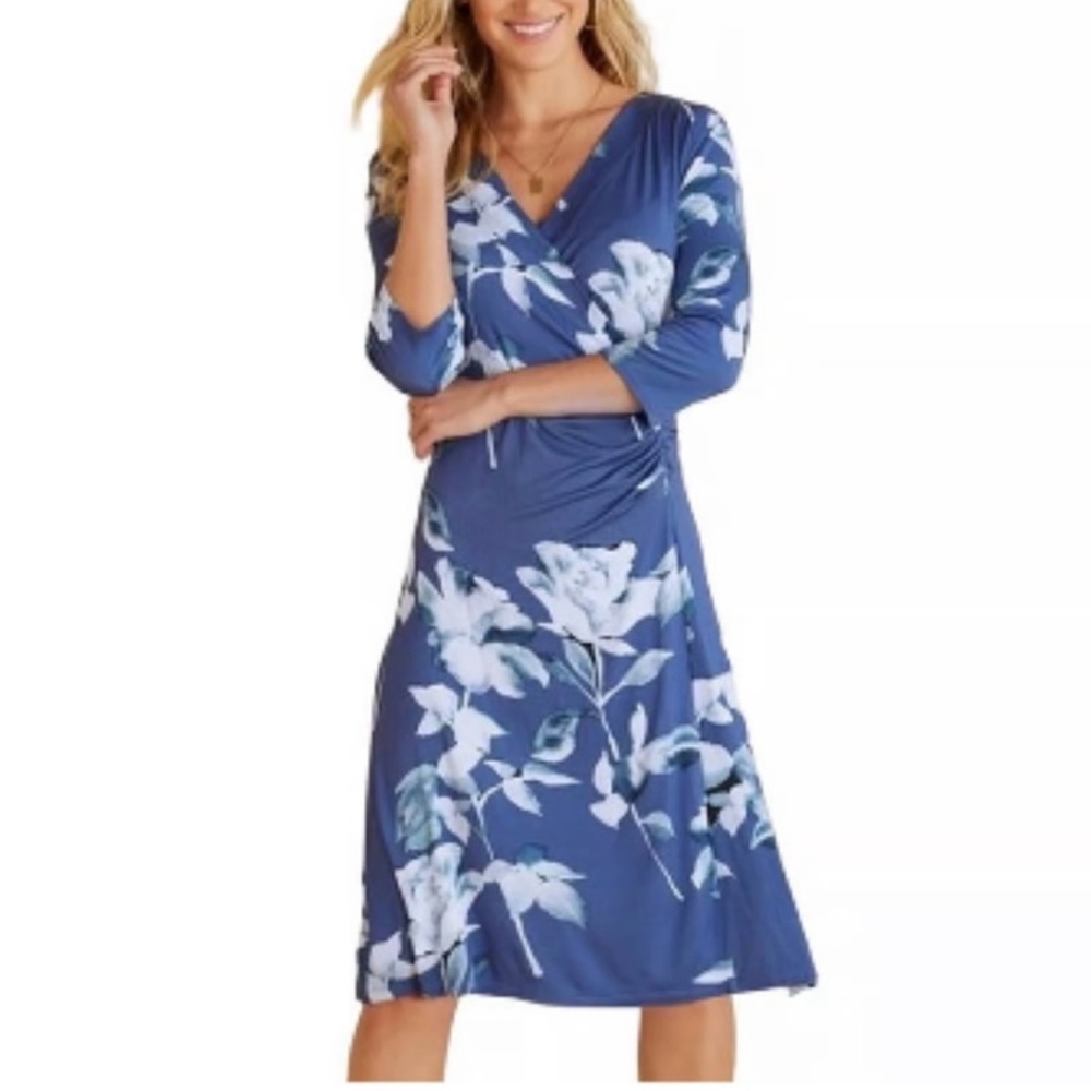 Soft Surroundings Blue Floral Long Sleeve Wrap Dress